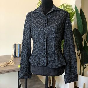 RALPH LAUREN Silk Blend Exquisite Beaded Smokey Gray Black Onyx Button Blazer M